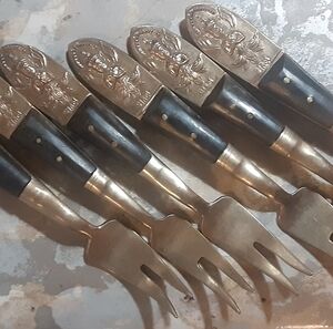 c1930-49 SIAM Cocktail Forks Handmade Rosewood & Brass 6 Ct